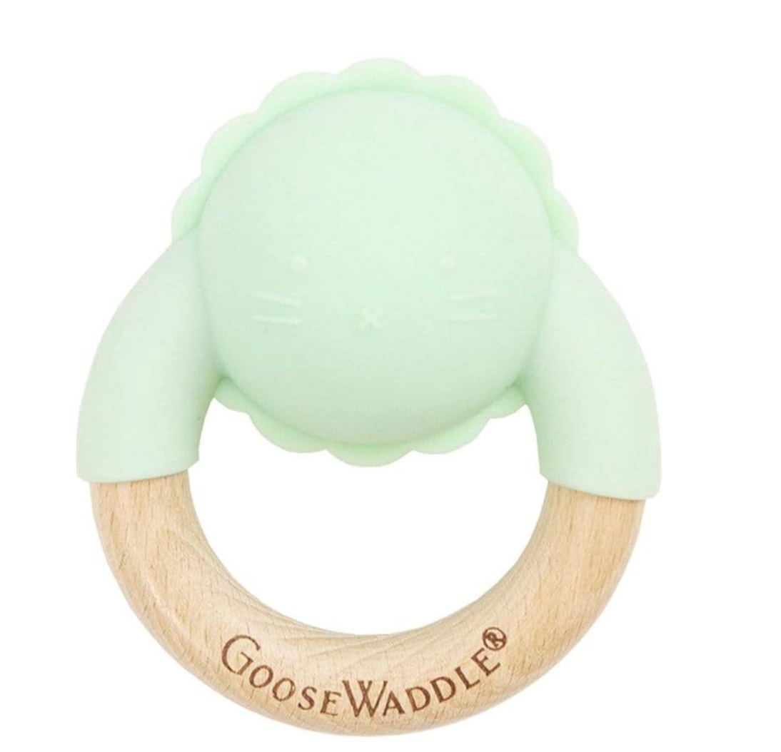 Goosewaddle Silicone & Wood Teether Rattle - Green Lion